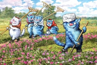 Открытка. Синие коты. Работа в поле