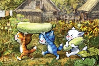 Открытка. Синие коты. Кража кабачков