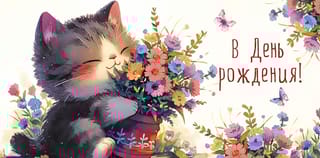 Конверт для денег. В День рождения! Котенок с цветами