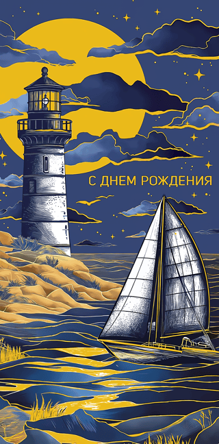 Конверт для денег. С днем рождения. Маяк в ночи