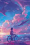 Открытка. Девушка на велосипеде на волшебном фоне