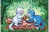 Открытка. Синие коты. Завтрак на траве