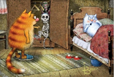 Открытка. Синие коты. Любовник в шкафу