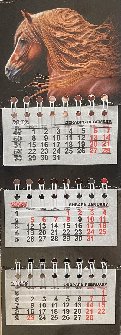 Лошадь на черном. Календарь на спирали микро-трио на 2026 год