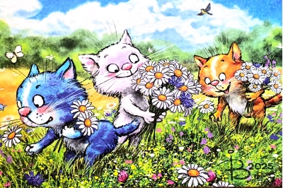 Открытка. Синие коты. Ромашковое поле