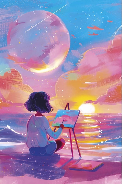 Открытка. Рисующая на закате девушка