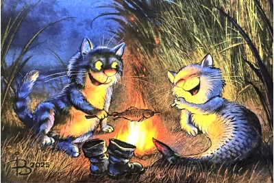 Открытка. Синие коты. Коты у костра