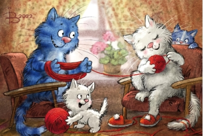 Открытка. Синие коты. Пряжа