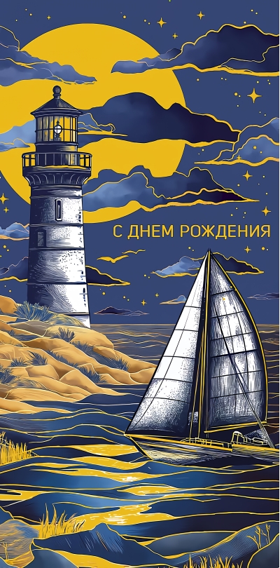 Конверт для денег. С днем рождения. Маяк в ночи