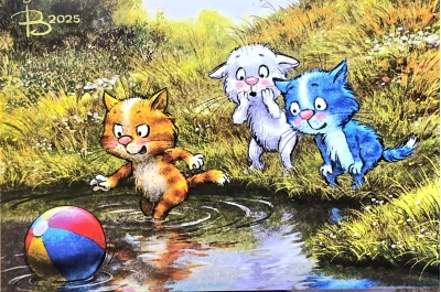 Открытка. Синие коты. Уронили в речку мяч