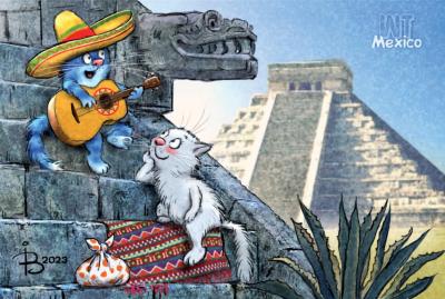 Открытка. Синие коты. Коты путешествуют. Мексика