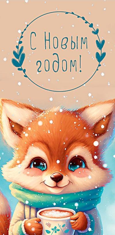 Конверт для денег. С Новым годом! Лисенок в шарфе с кружкой