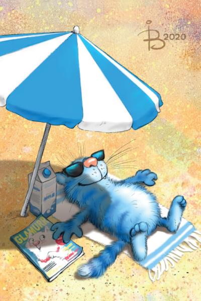Открытка. Синие коты. Кот на пляже