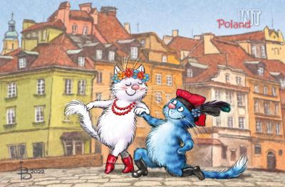 Открытка. Синие коты. Коты путешествуют. Польша