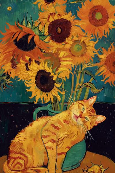 Открытка. Кот с подсолнухами
