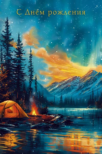 Открытка. С Днем Рождения. Палатка у озера