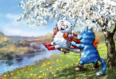 Открытка. Синие коты. Под цветущей яблоней
