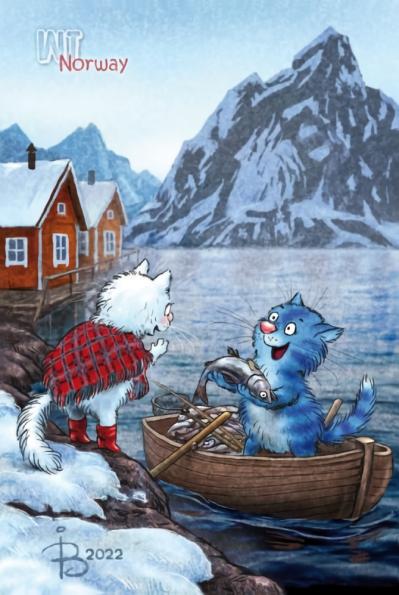 Открытка. Синие коты. Коты путешествуют. Норвегия