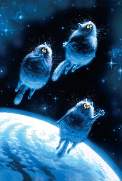Открытка. Синие коты. Полет на Луну