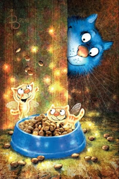 Открытка. Синие коты. Феи кормушки