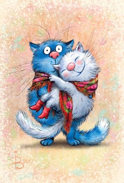 Открытка. Синие коты. Влюбленные коты