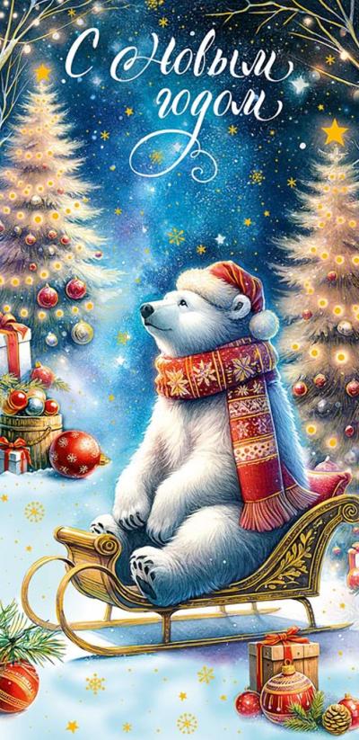 Конверт для денег. С Новым годом. Белый медведь на санках