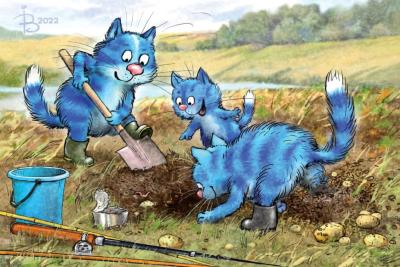 Открытка. Синие коты. Кошки копают картошку