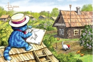 Открытка. Синие коты. Живопись