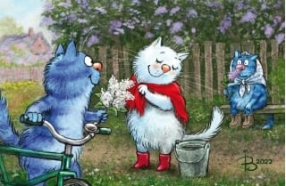 Открытка. Синие коты. Белая сирень