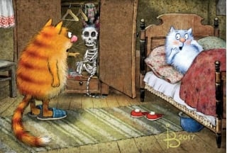 Открытка. Синие коты. Любовник в шкафу