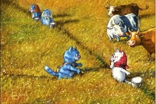 Открытка. Синие коты. Встреча на лугу