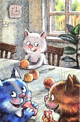 Открытка. Синие коты. Девочка с персиками