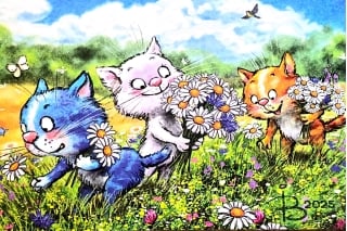 Открытка. Синие коты. Ромашковое поле