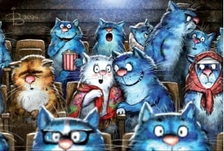 Открытка. Синие коты. Кинотеатр