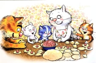 Открытка. Синие коты. Пельмени