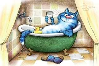 Открытка. Синие коты. В ванне