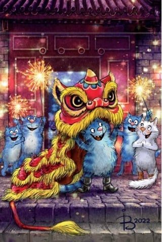 Открытка. Синие коты. Танец льва