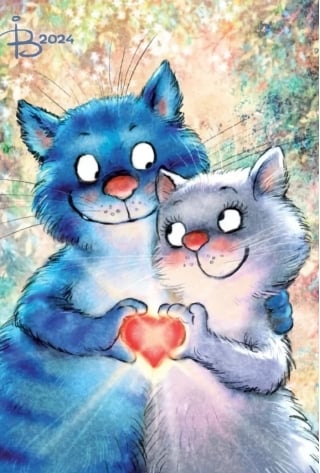 Открытка. Синие коты. День влюбленных