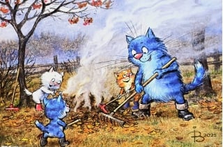 Открытка. Синие коты. Уборка листьев