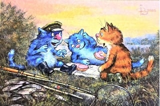 Открытка. Синие коты. Перекус на траве