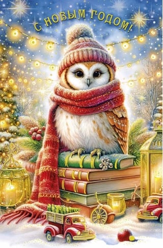 Открытка. С Новым годом! Сова в шапке и шарфе на книгах