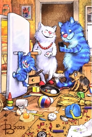Открытка. Синие коты. Маленькие шкодники