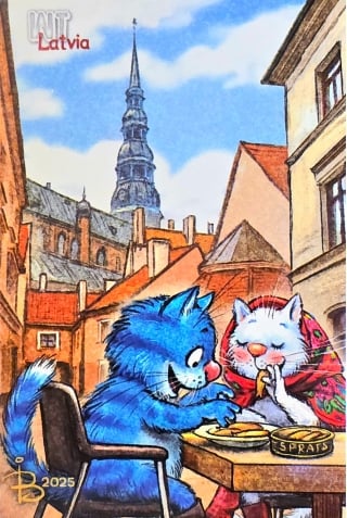 Открытка. Синие коты. Коты путешествуют. Латвия