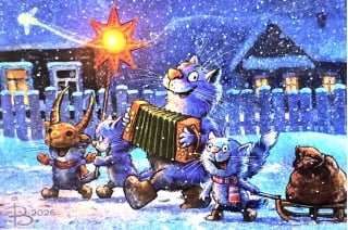 Открытка. Синие коты. Коляды