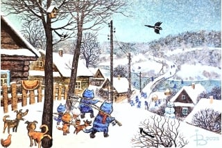 Открытка. Синие коты. Зимняя рыбалка