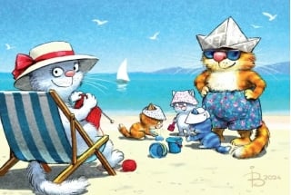 Открытка. Синие коты. Семья у моря