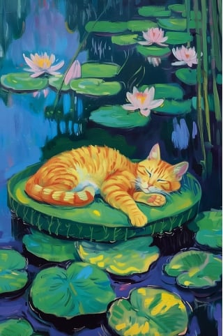 Открытка. Спящий кот в пруду с лотосами