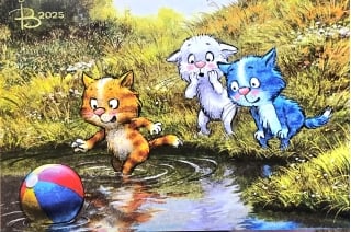 Открытка. Синие коты. Уронили в речку мяч