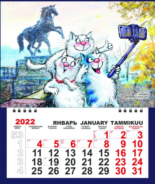 Tear-off calendar for 2022. Koshariki in St. Petersburg. Selfie