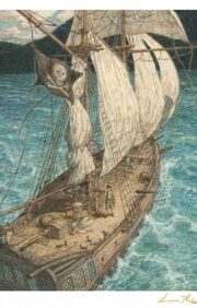 Card. Treasure Island. A ship with raised sails